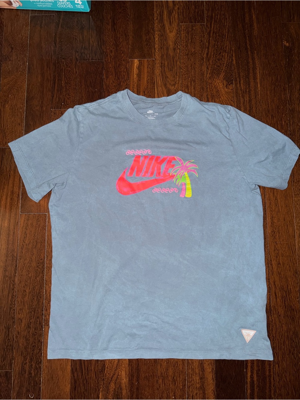 Nike Short Sleeve Graphic Tee in Faded Blue with Neon Pink & Lime Accents